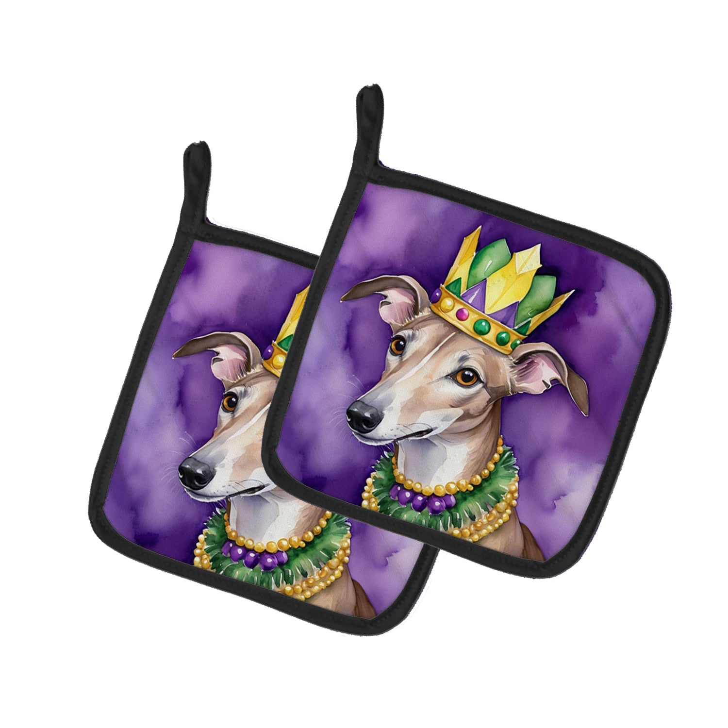 Greyhound King of Mardi Gras Pot Holder Set of 2 Heat Resistant Quilted Hot Pads 7.5 x 7.5 Inch, Insulated Kitchen Trivets for Cooking & Baking