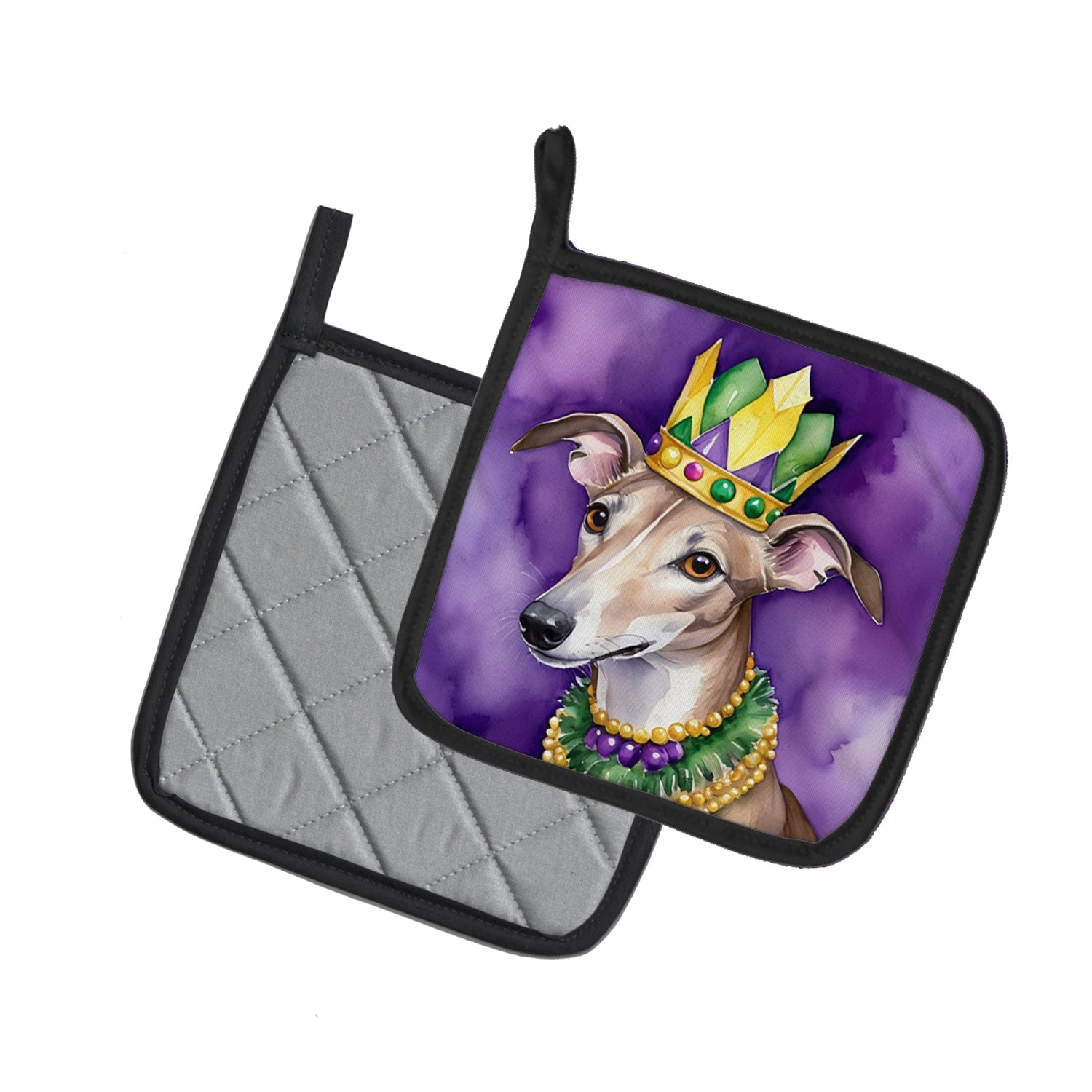 Greyhound King of Mardi Gras Pot Holder Set of 2 Heat Resistant Quilted Hot Pads 7.5 x 7.5 Inch, Insulated Kitchen Trivets for Cooking & Baking