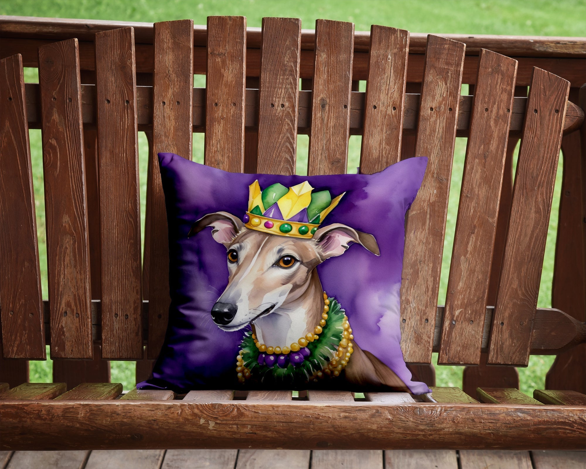 Greyhound King of Mardi Gras Decorative Throw Pillow 14x14 Indoor Outdoor Accent Cushion, Fabric Cover with Insert for Sofa, Bed, Porch & Living Room