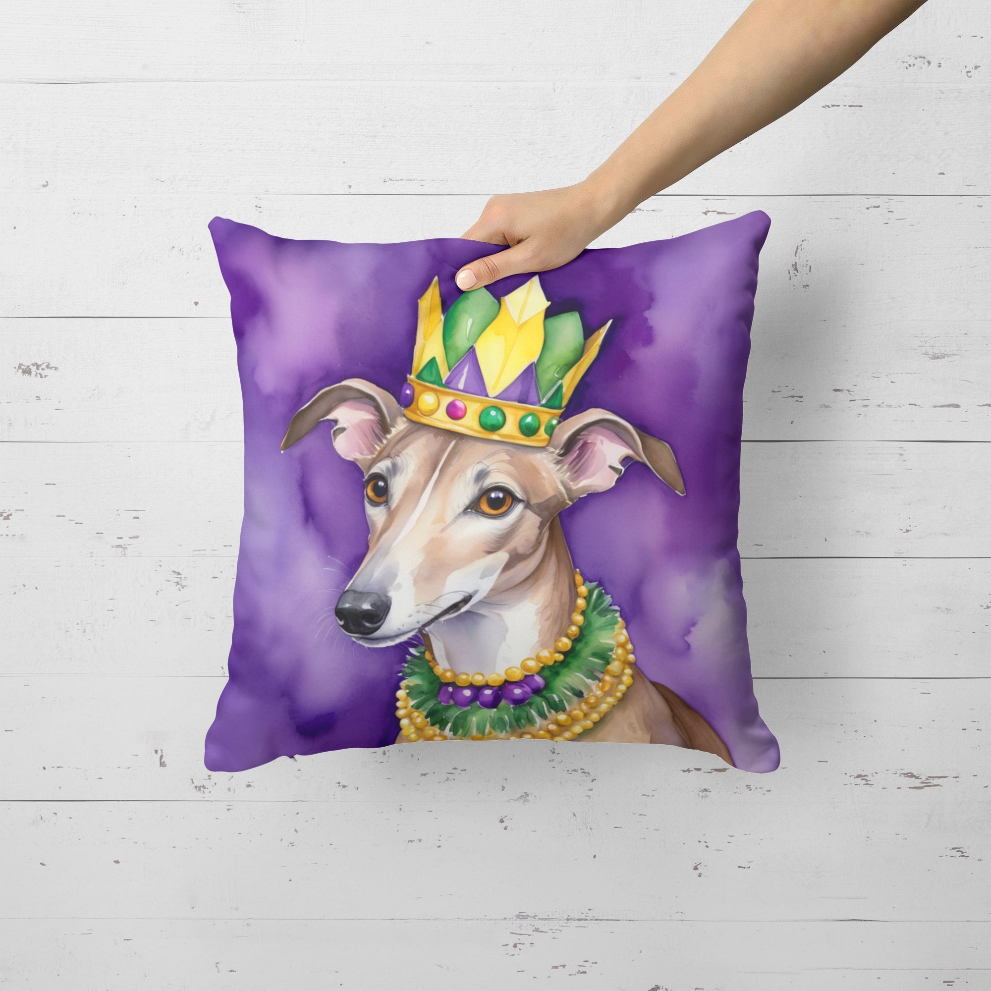 Greyhound King of Mardi Gras Decorative Throw Pillow 18x18 Indoor Outdoor Accent Cushion, Fabric Cover with Insert for Sofa, Bed, Porch & Living Room