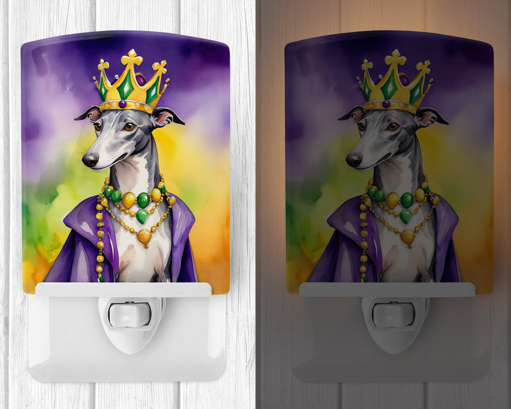 Greyhound King of Mardi Gras Ceramic Night Light Compact, UL-Certified, Ideal for Bedroom, Bathroom, Nursery, Hallway, Kitchen, 6x4x3, Multicolor