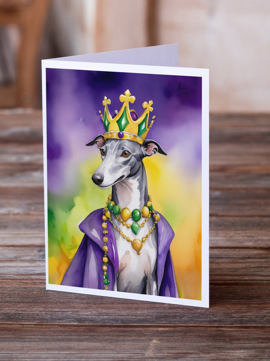 Greyhound King of Mardi Gras Greeting Cards Pack of 8 Blank Cards with Envelopes Whimsical A7 Size 5x7