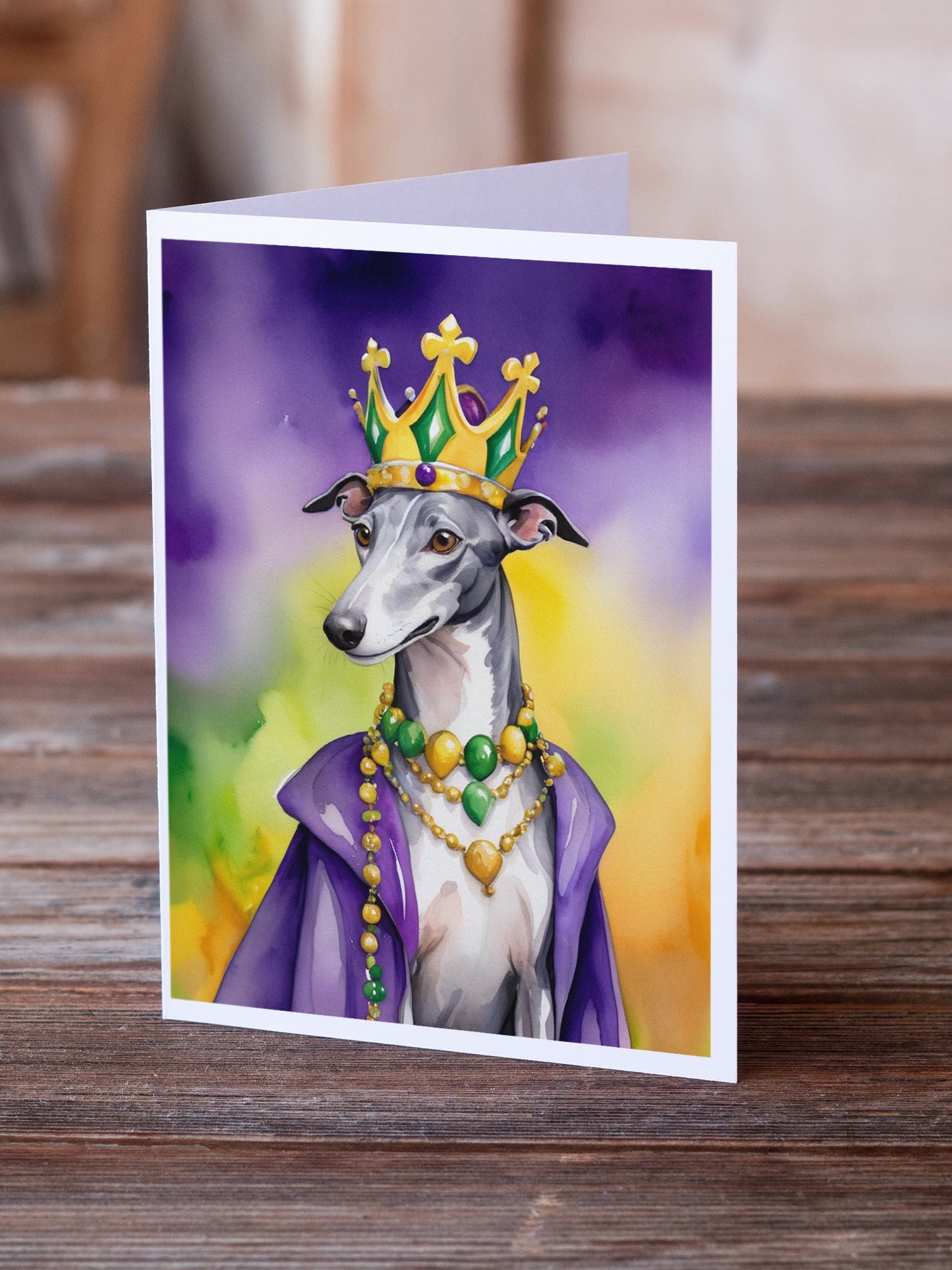 Greyhound King of Mardi Gras Greeting Cards Pack of 8 Blank Cards with Envelopes Whimsical A7 Size 5x7