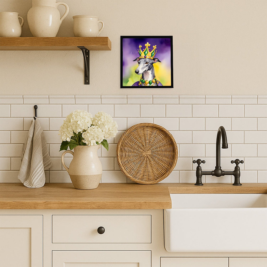 Greyhound King of Mardi Gras Framed Metal Print Bathroom, Kitchen, Office, Home Decor Wall Art Ready to Hang, Square, 8X8