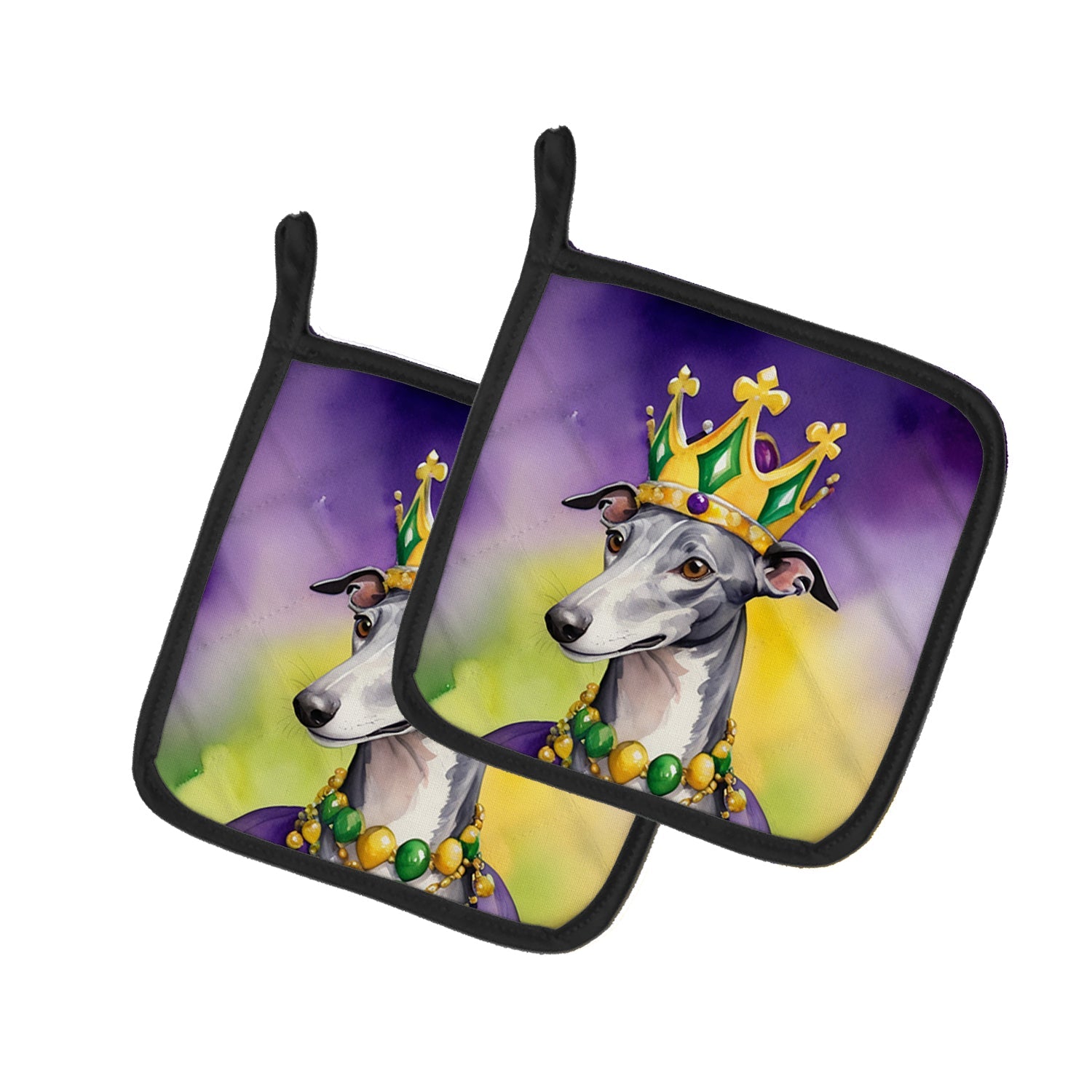 Greyhound King of Mardi Gras Pot Holder Set of 2 Heat Resistant Quilted Hot Pads 7.5 x 7.5 Inch, Insulated Kitchen Trivets for Cooking & Baking