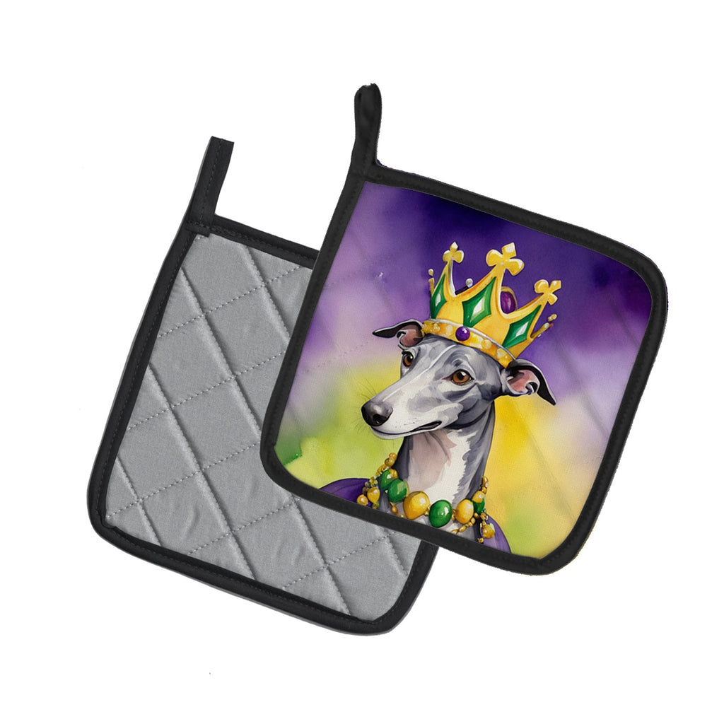 Greyhound King of Mardi Gras Pot Holder Set of 2 Heat Resistant Quilted Hot Pads 7.5 x 7.5 Inch, Insulated Kitchen Trivets for Cooking & Baking