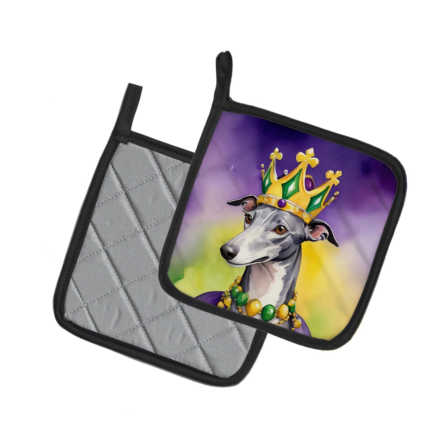 Greyhound King of Mardi Gras Pot Holder Set of 2 Heat Resistant Quilted Hot Pads 7.5 x 7.5 Inch, Insulated Kitchen Trivets for Cooking & Baking