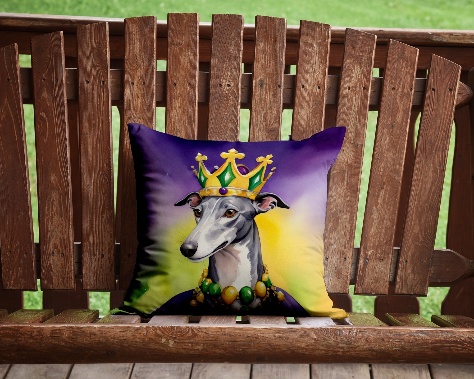 Greyhound King of Mardi Gras Decorative Throw Pillow 14x14 Indoor Outdoor Accent Cushion, Fabric Cover with Insert for Sofa, Bed, Porch & Living Room