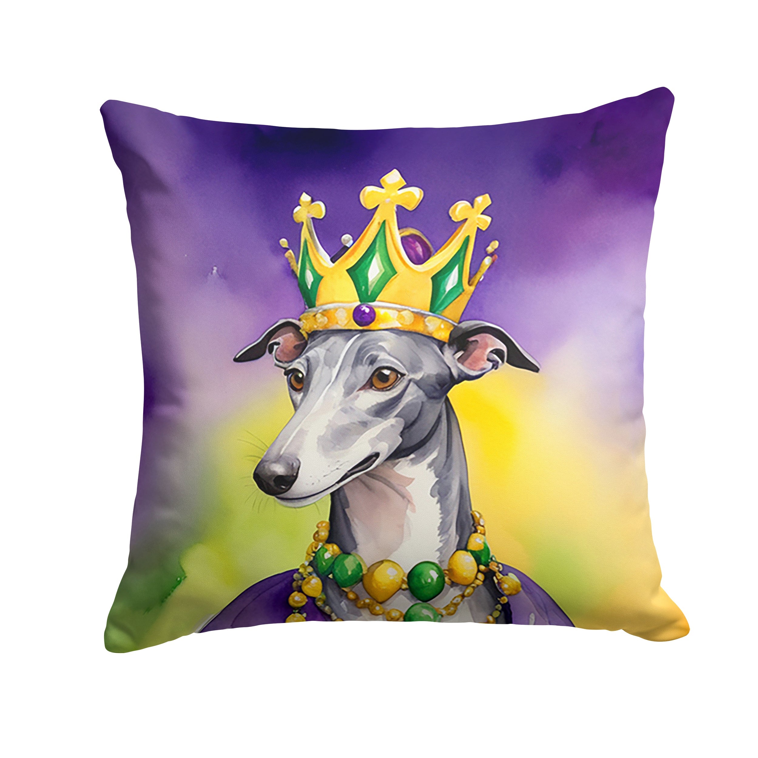 Greyhound King of Mardi Gras Decorative Throw Pillow 18x18 Indoor Outdoor Accent Cushion, Fabric Cover with Insert for Sofa, Bed, Porch & Living Room