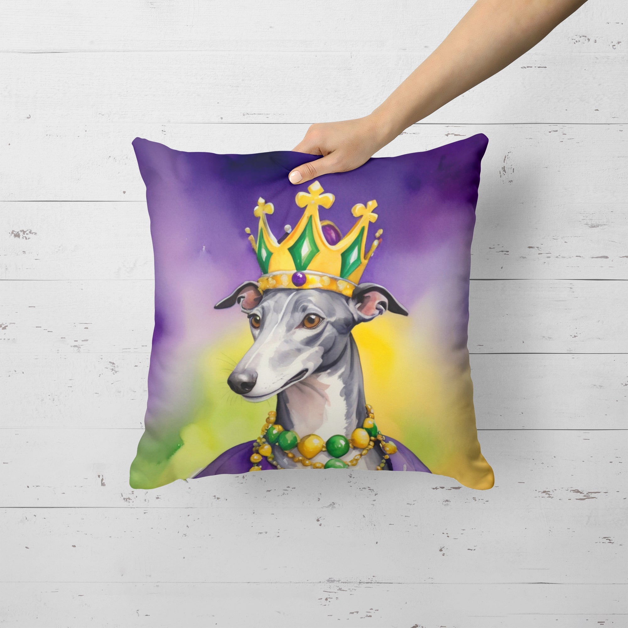 Greyhound King of Mardi Gras Decorative Throw Pillow 18x18 Indoor Outdoor Accent Cushion, Fabric Cover with Insert for Sofa, Bed, Porch & Living Room