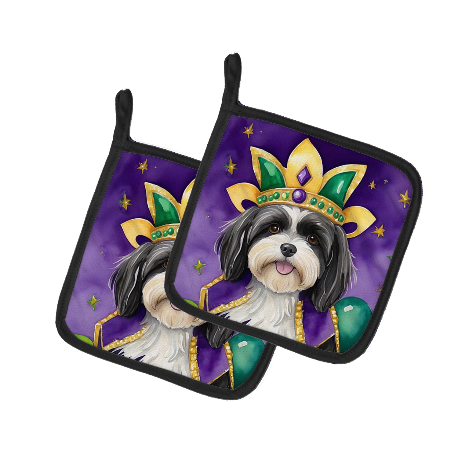 Havanese King of Mardi Gras Pot Holder Set of 2 Heat Resistant Quilted Hot Pads 7.5 x 7.5 Inch, Insulated Kitchen Trivets for Cooking & Baking