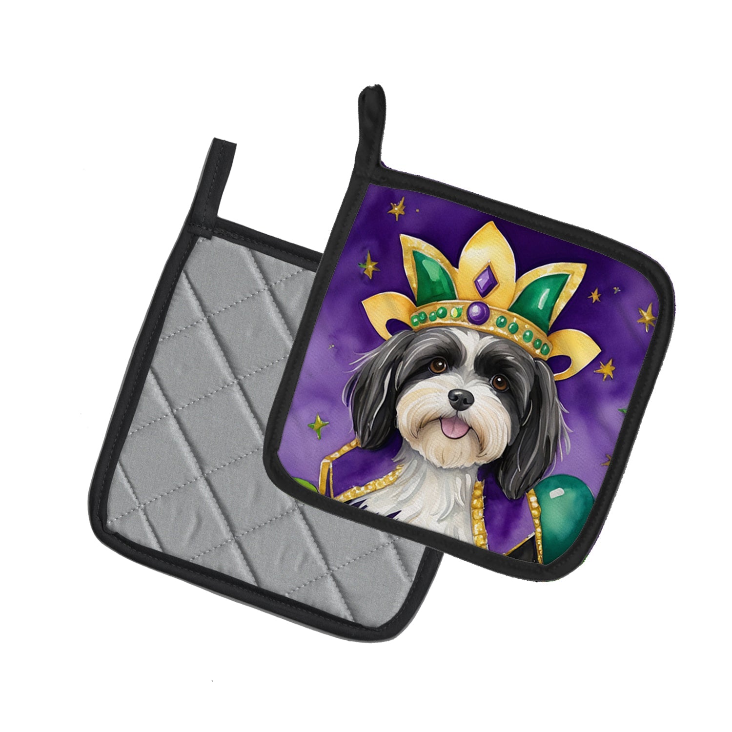 Havanese King of Mardi Gras Pot Holder Set of 2 Heat Resistant Quilted Hot Pads 7.5 x 7.5 Inch, Insulated Kitchen Trivets for Cooking & Baking