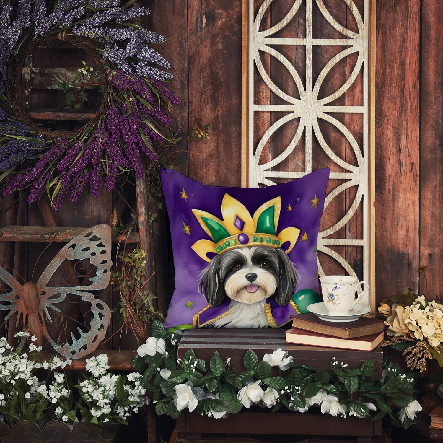 Havanese King of Mardi Gras Decorative Throw Pillow 18x18 Indoor Outdoor Accent Cushion, Fabric Cover with Insert for Sofa, Bed, Porch & Living Room