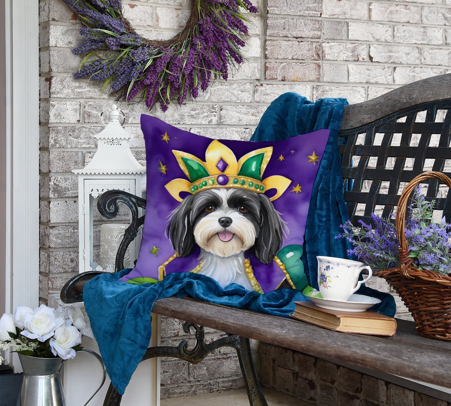 Havanese King of Mardi Gras Decorative Throw Pillow 18x18 Indoor Outdoor Accent Cushion, Fabric Cover with Insert for Sofa, Bed, Porch & Living Room