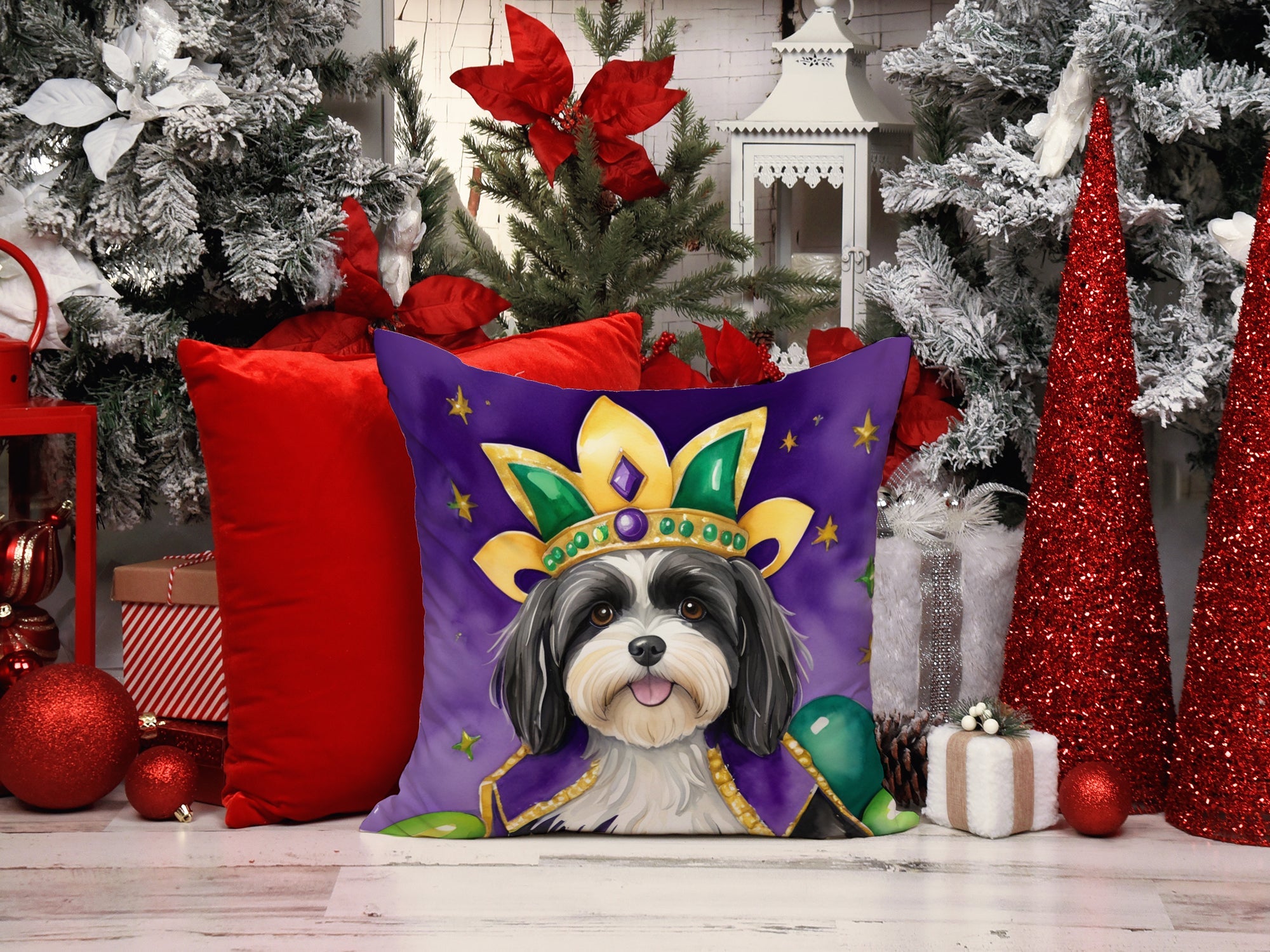 Havanese King of Mardi Gras Decorative Throw Pillow 18x18 Indoor Outdoor Accent Cushion, Fabric Cover with Insert for Sofa, Bed, Porch & Living Room