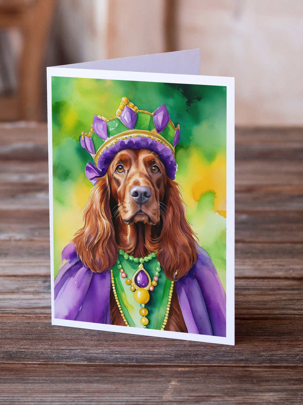 Irish Setter King of Mardi Gras Greeting Cards Pack of 8 Blank Cards with Envelopes Whimsical A7 Size 5x7