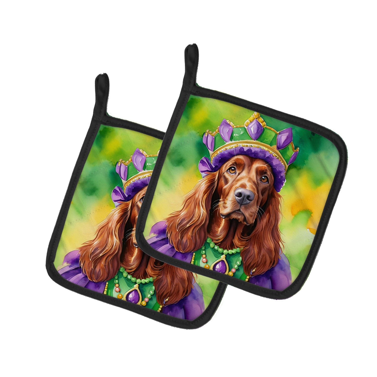 Irish Setter King of Mardi Gras Pot Holder Set of 2 Heat Resistant Quilted Hot Pads 7.5 x 7.5 Inch, Insulated Kitchen Trivets for Cooking & Baking