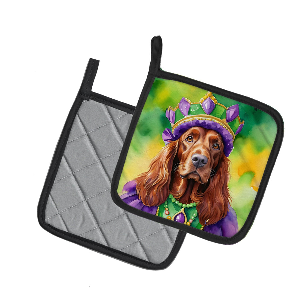 Irish Setter King of Mardi Gras Pot Holder Set of 2 Heat Resistant Quilted Hot Pads 7.5 x 7.5 Inch, Insulated Kitchen Trivets for Cooking & Baking