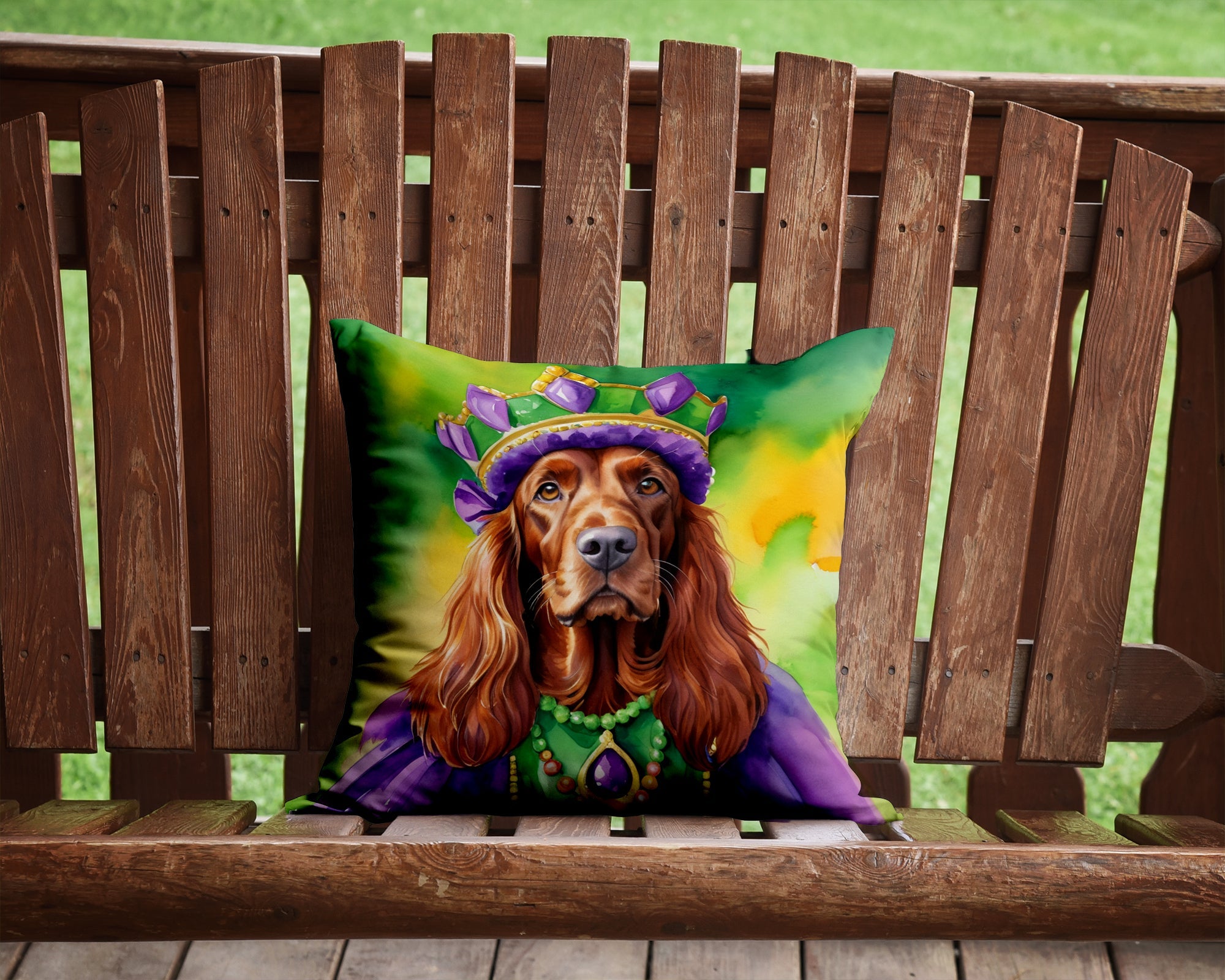 Irish Setter King of Mardi Gras Decorative Throw Pillow 14x14 Indoor Outdoor Accent Cushion, Fabric Cover with Insert for Sofa, Bed, Porch & Living Room