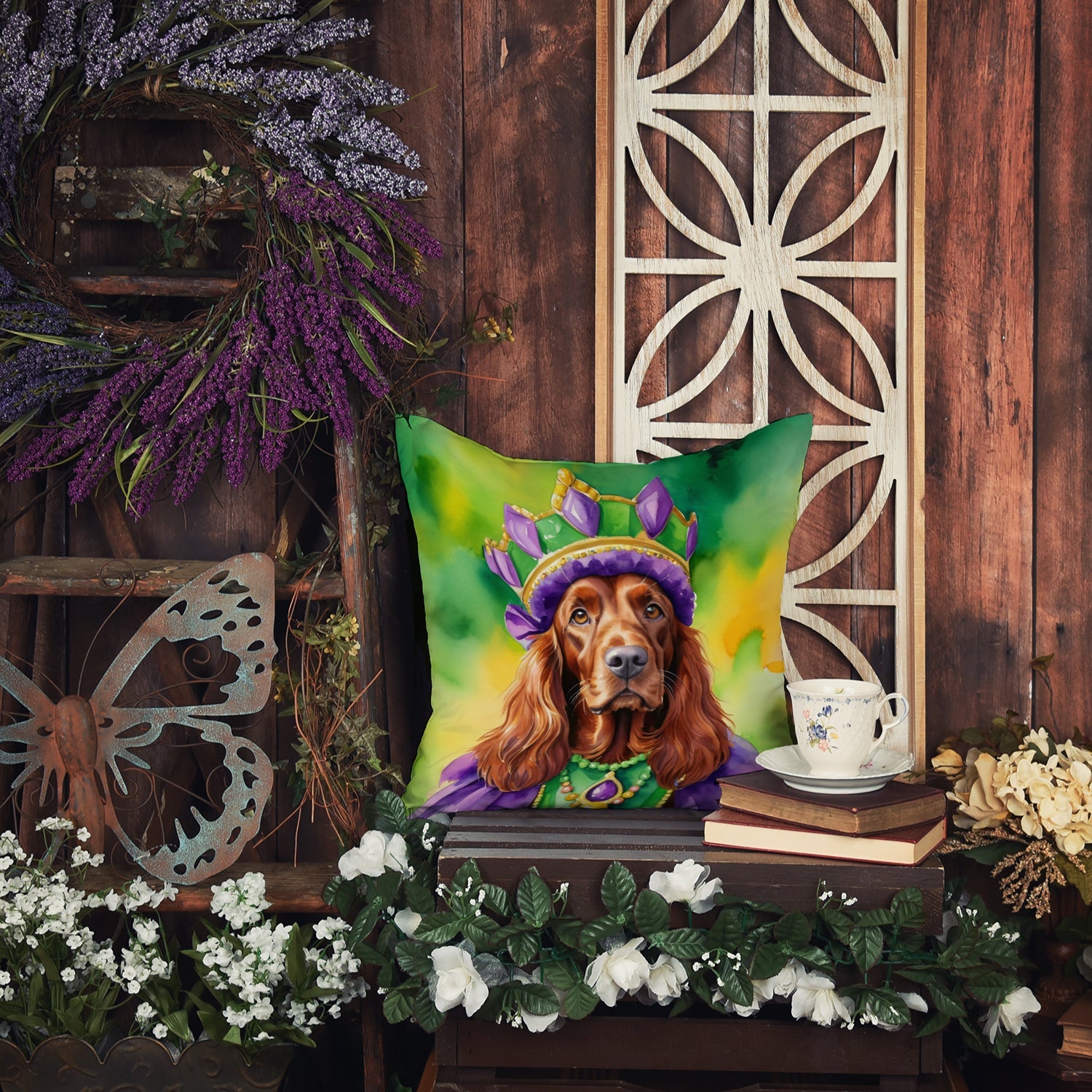 Irish Setter King of Mardi Gras Decorative Throw Pillow 14x14 Indoor Outdoor Accent Cushion, Fabric Cover with Insert for Sofa, Bed, Porch & Living Room