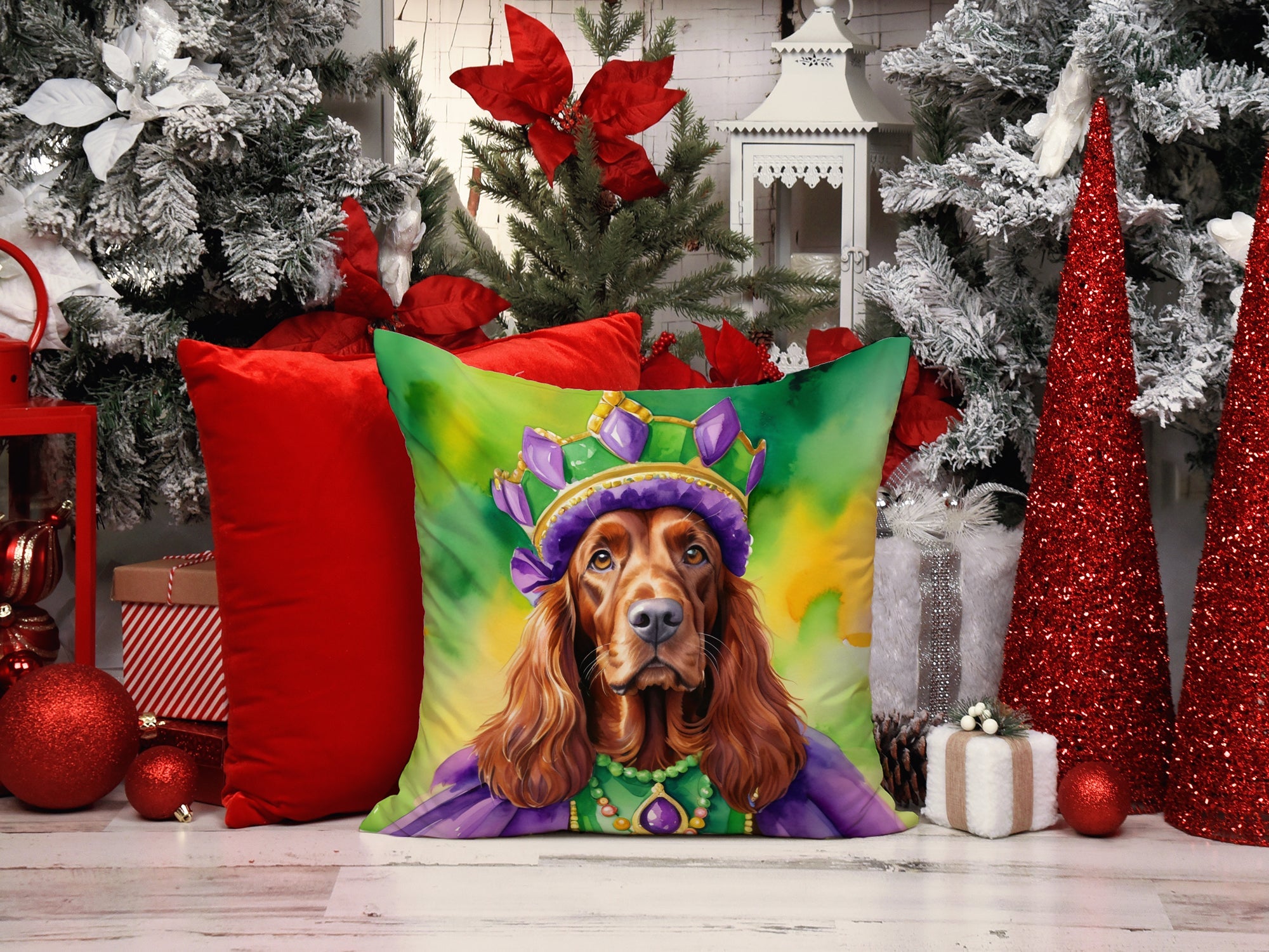 Irish Setter King of Mardi Gras Decorative Throw Pillow 14x14 Indoor Outdoor Accent Cushion, Fabric Cover with Insert for Sofa, Bed, Porch & Living Room