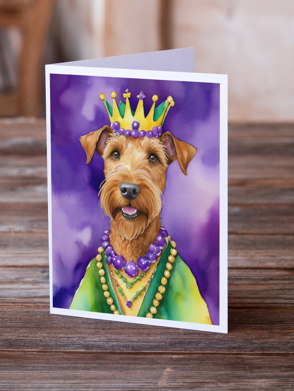 Irish Terrier King of Mardi Gras Greeting Cards Pack of 8 Blank Cards with Envelopes Whimsical A7 Size 5x7