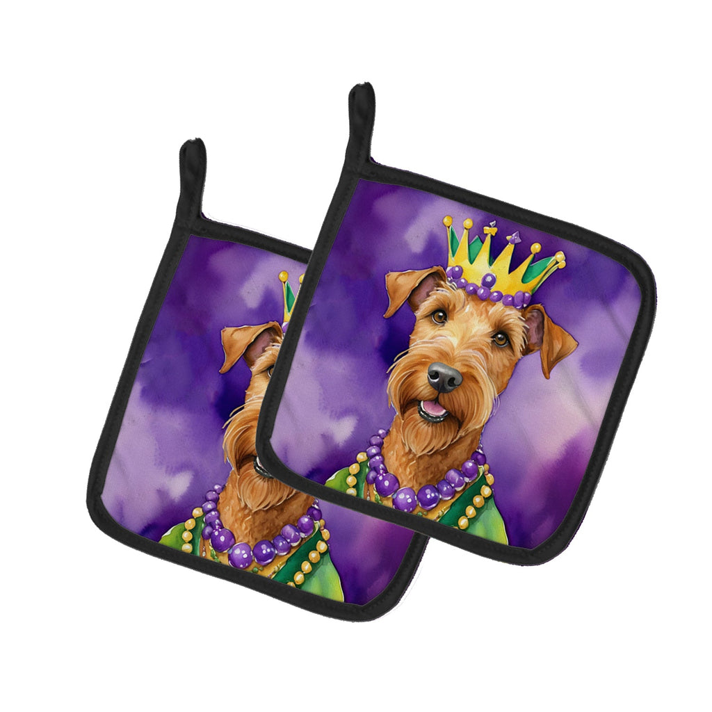 Irish Terrier King of Mardi Gras Pot Holder Set of 2 Heat Resistant Quilted Hot Pads 7.5 x 7.5 Inch, Insulated Kitchen Trivets for Cooking & Baking