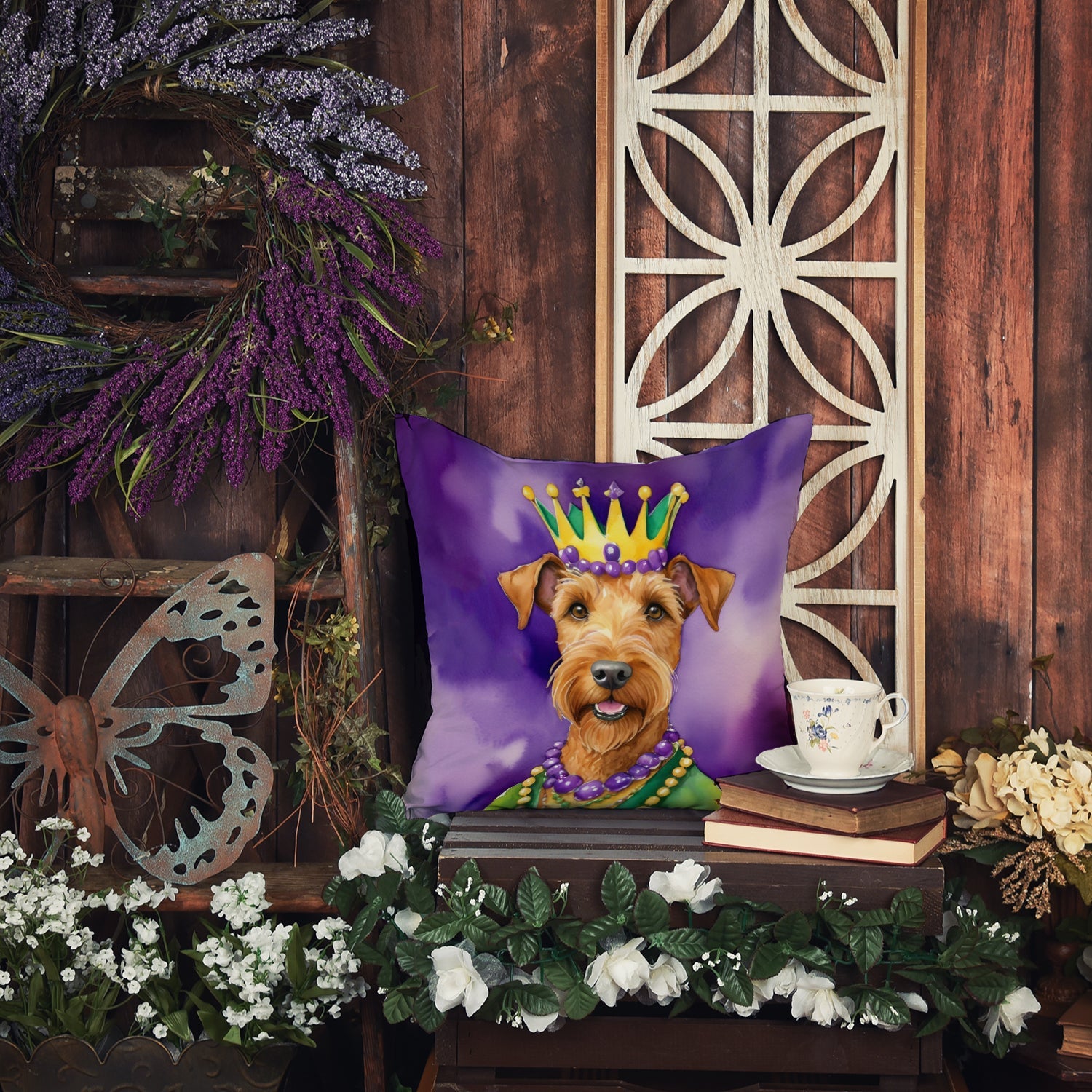 Irish Terrier King of Mardi Gras Decorative Throw Pillow 18x18 Indoor Outdoor Accent Cushion, Fabric Cover with Insert for Sofa, Bed, Porch & Living Room