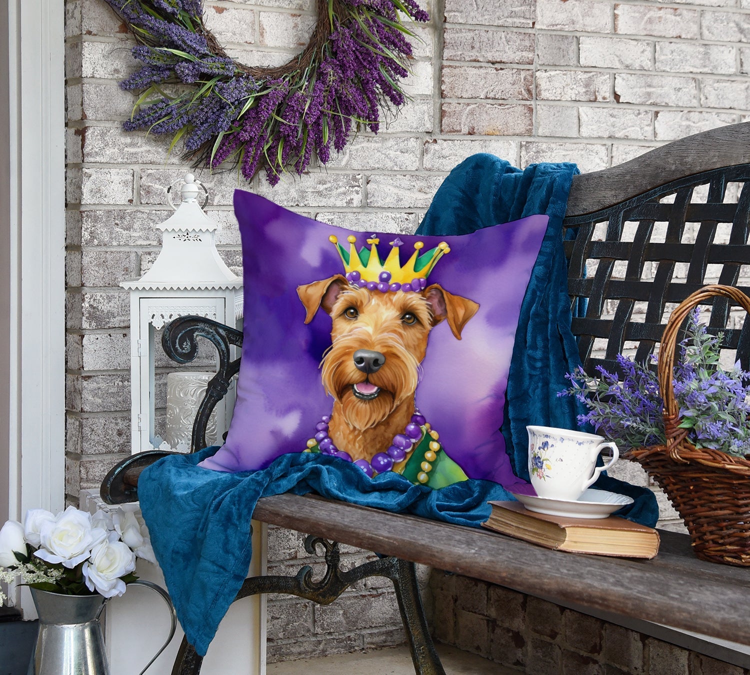 Irish Terrier King of Mardi Gras Decorative Throw Pillow 18x18 Indoor Outdoor Accent Cushion, Fabric Cover with Insert for Sofa, Bed, Porch & Living Room