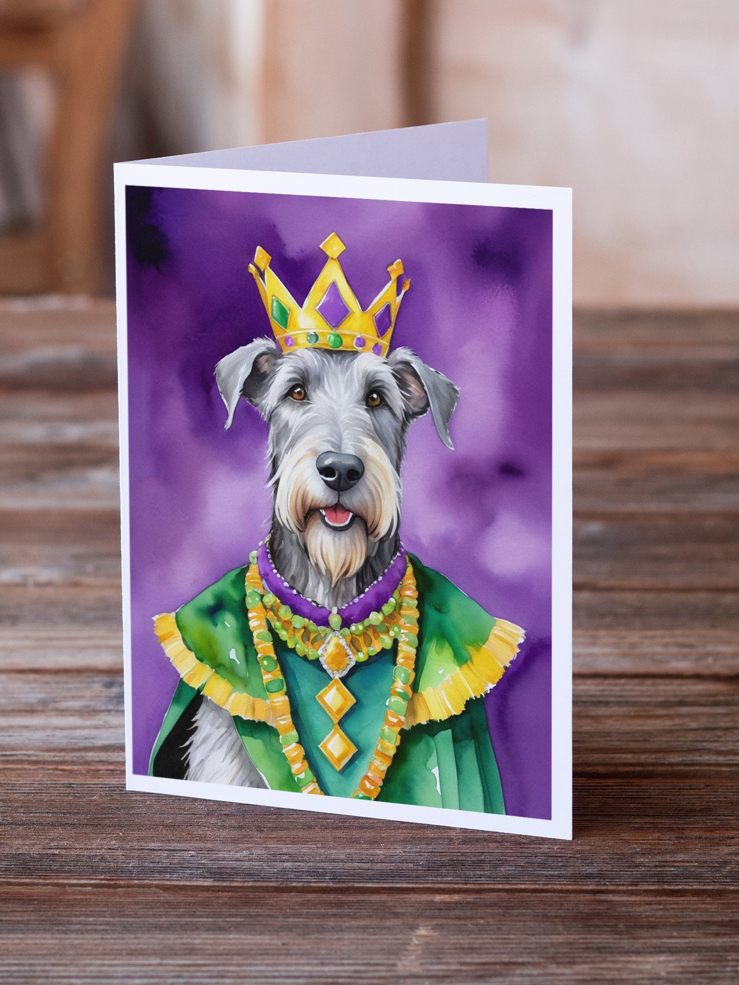 Irish Wolfhound King of Mardi Gras Greeting Cards Pack of 8 Blank Cards with Envelopes Whimsical A7 Size 5x7