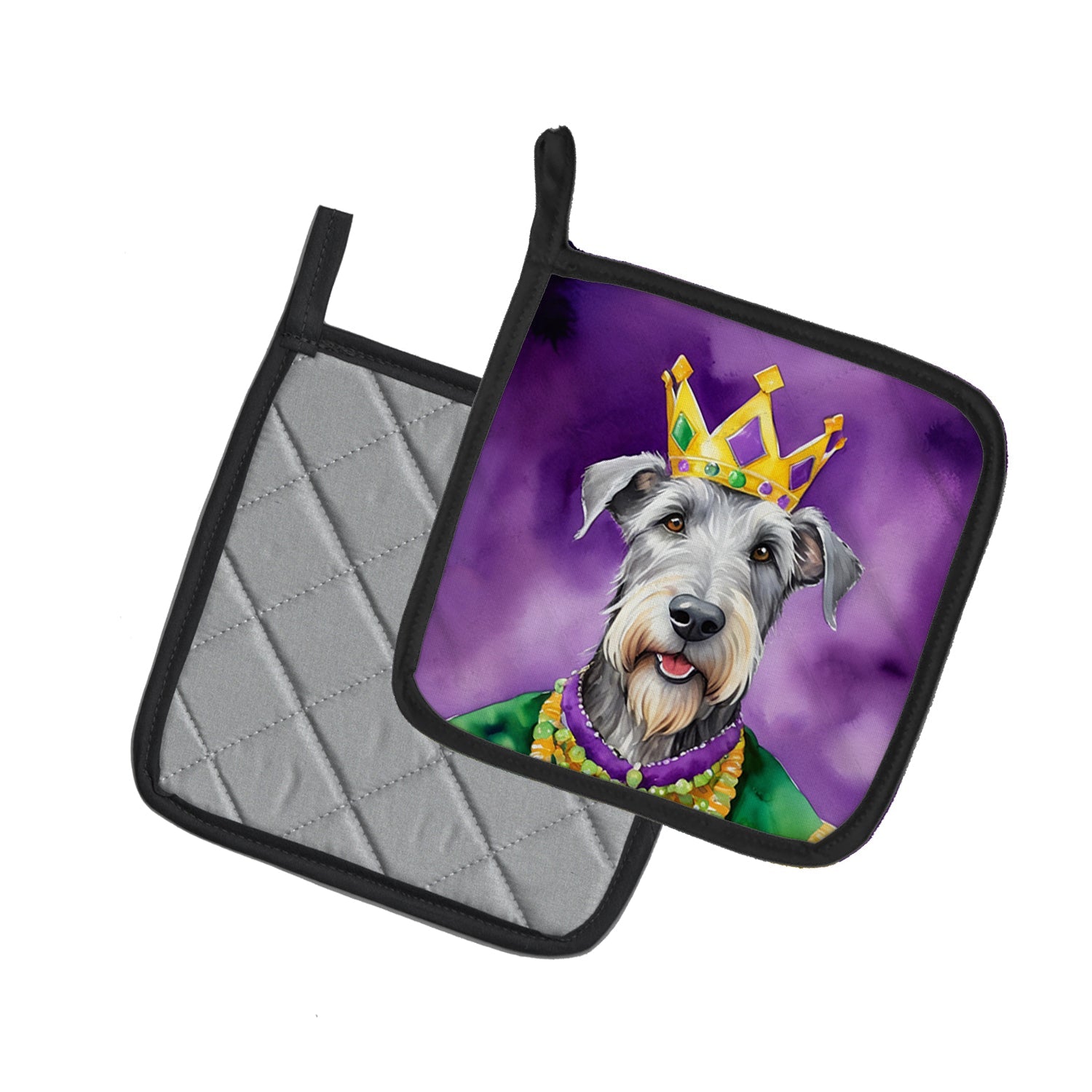 Irish Wolfhound King of Mardi Gras Pot Holder Set of 2 Heat Resistant Quilted Hot Pads 7.5 x 7.5 Inch, Insulated Kitchen Trivets for Cooking & Baking