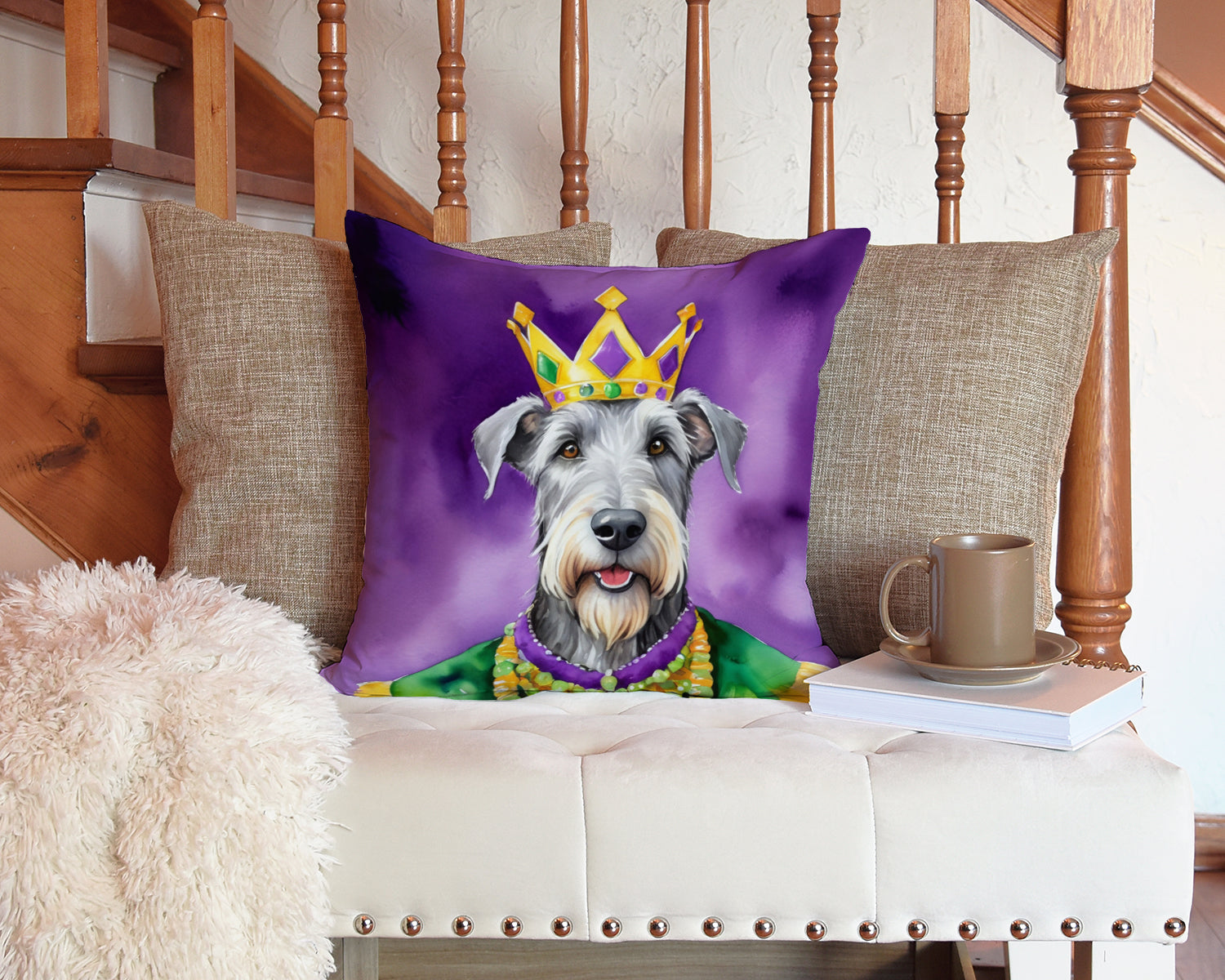 Irish Wolfhound King of Mardi Gras Decorative Throw Pillow 14x14 Indoor Outdoor Accent Cushion, Fabric Cover with Insert for Sofa, Bed, Porch & Living Room