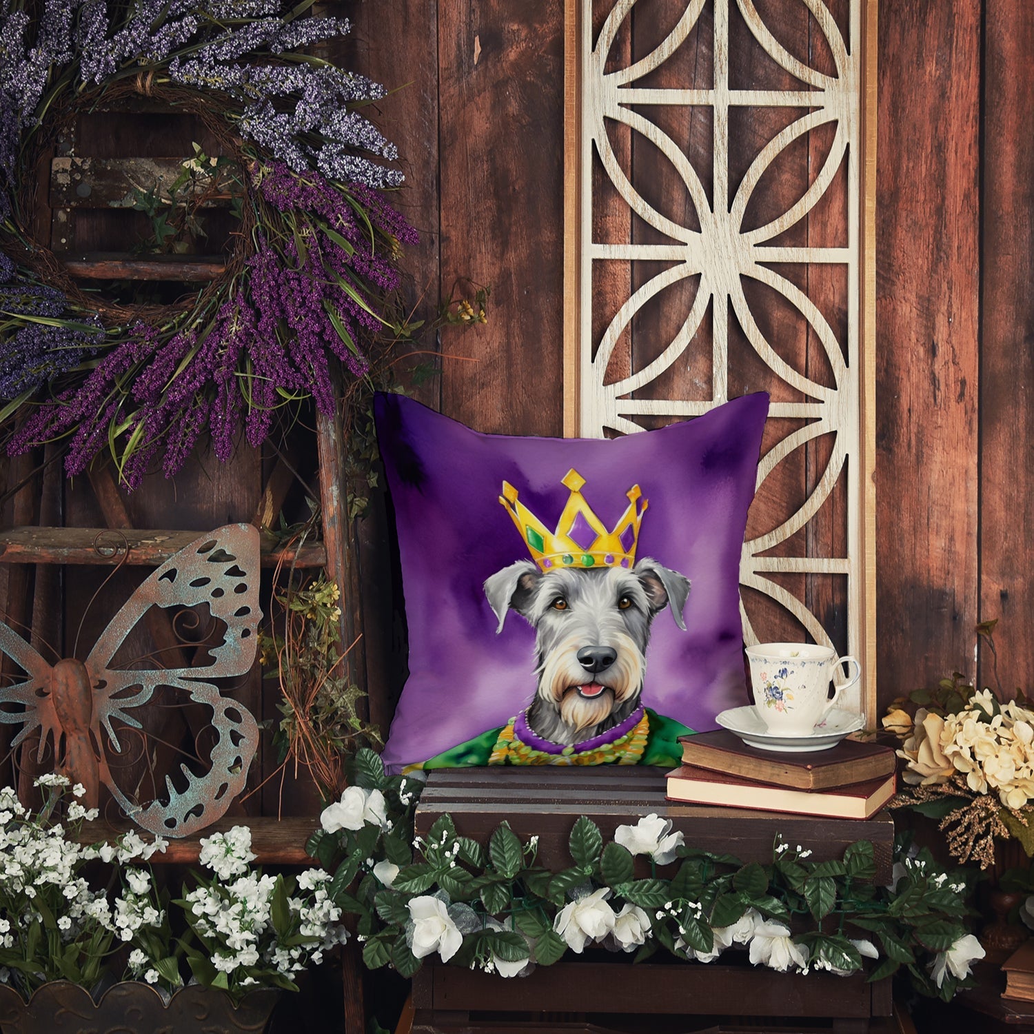 Irish Wolfhound King of Mardi Gras Decorative Throw Pillow 14x14 Indoor Outdoor Accent Cushion, Fabric Cover with Insert for Sofa, Bed, Porch & Living Room