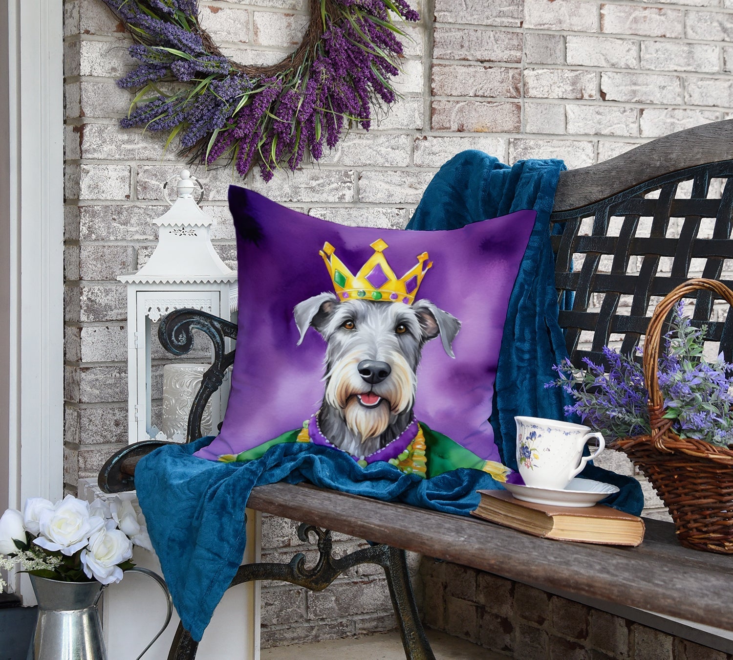Irish Wolfhound King of Mardi Gras Decorative Throw Pillow 18x18 Indoor Outdoor Accent Cushion, Fabric Cover with Insert for Sofa, Bed, Porch & Living Room