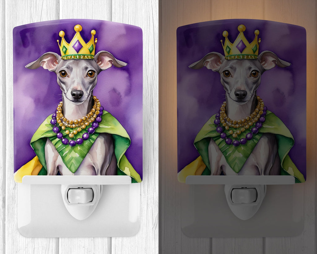 Italian Greyhound King of Mardi Gras Ceramic Night Light Compact, UL-Certified, Ideal for Bedroom, Bathroom, Nursery, Hallway, Kitchen, 6x4x3, Multicolor