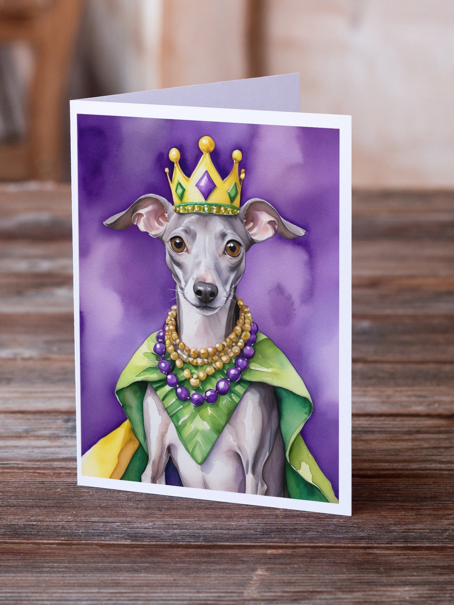 Italian Greyhound King of Mardi Gras Greeting Cards Pack of 8 Blank Cards with Envelopes Whimsical A7 Size 5x7