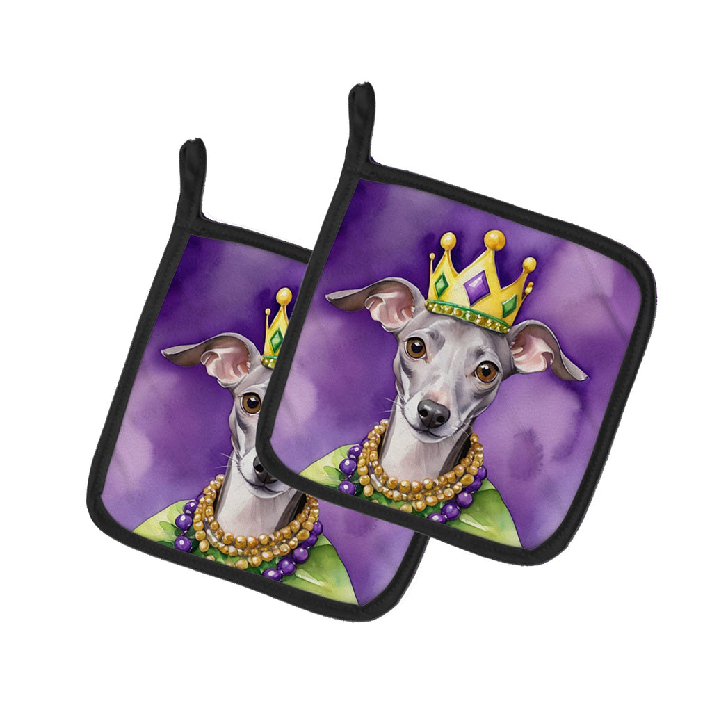 Italian Greyhound King of Mardi Gras Pot Holder Set of 2 Heat Resistant Quilted Hot Pads 7.5 x 7.5 Inch, Insulated Kitchen Trivets for Cooking & Baking