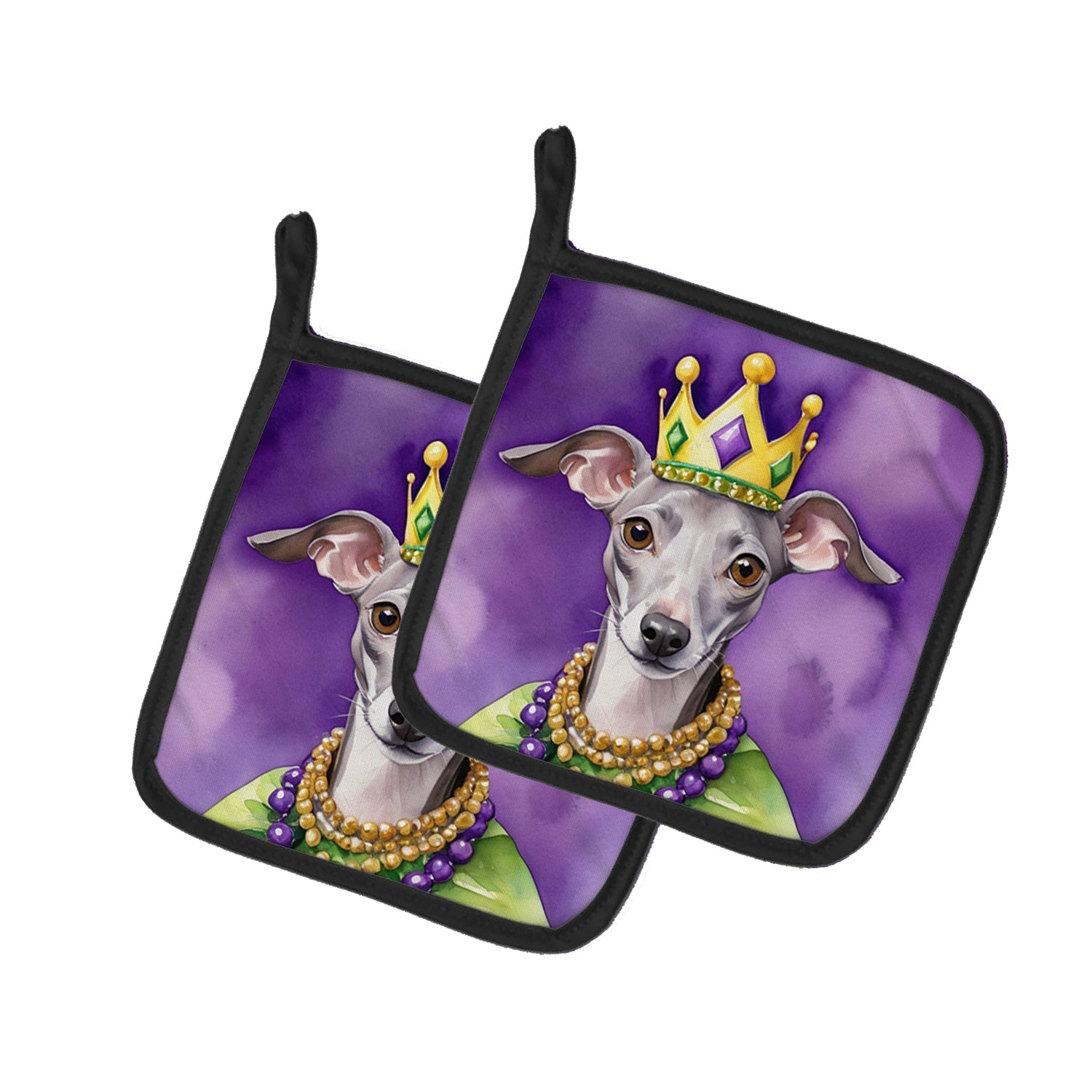 Italian Greyhound King of Mardi Gras Pot Holder Set of 2 Heat Resistant Quilted Hot Pads 7.5 x 7.5 Inch, Insulated Kitchen Trivets for Cooking & Baking