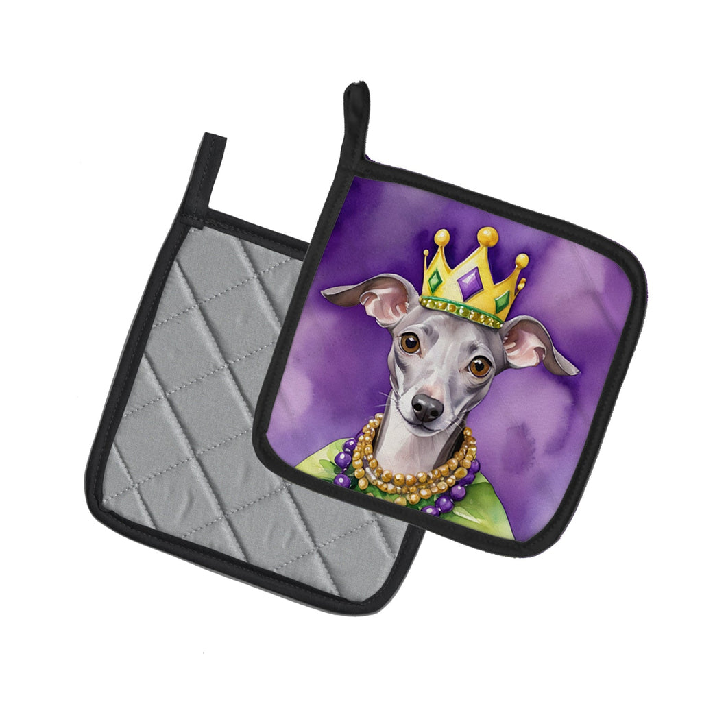 Italian Greyhound King of Mardi Gras Pot Holder Set of 2 Heat Resistant Quilted Hot Pads 7.5 x 7.5 Inch, Insulated Kitchen Trivets for Cooking & Baking