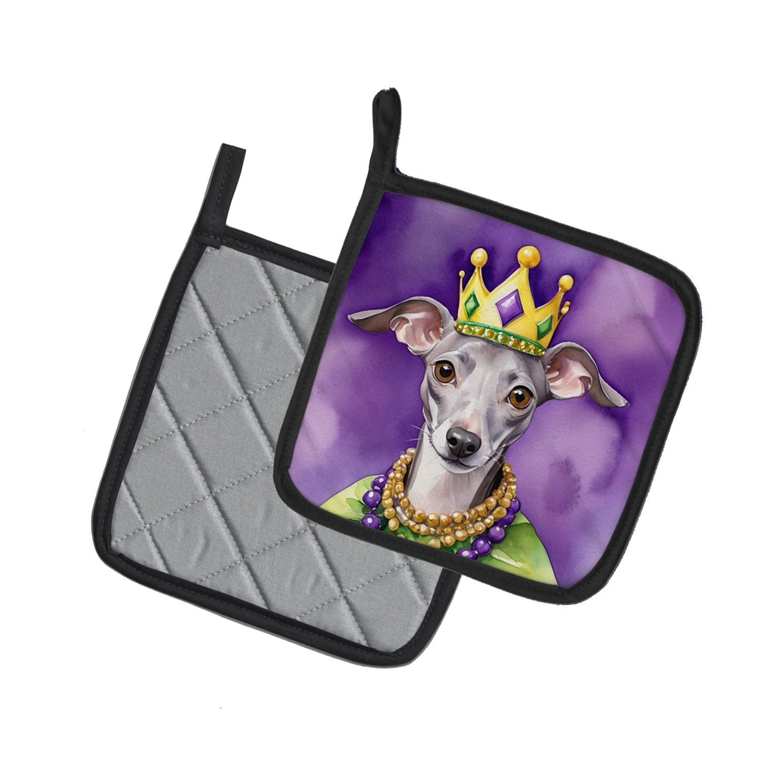 Italian Greyhound King of Mardi Gras Pot Holder Set of 2 Heat Resistant Quilted Hot Pads 7.5 x 7.5 Inch, Insulated Kitchen Trivets for Cooking & Baking