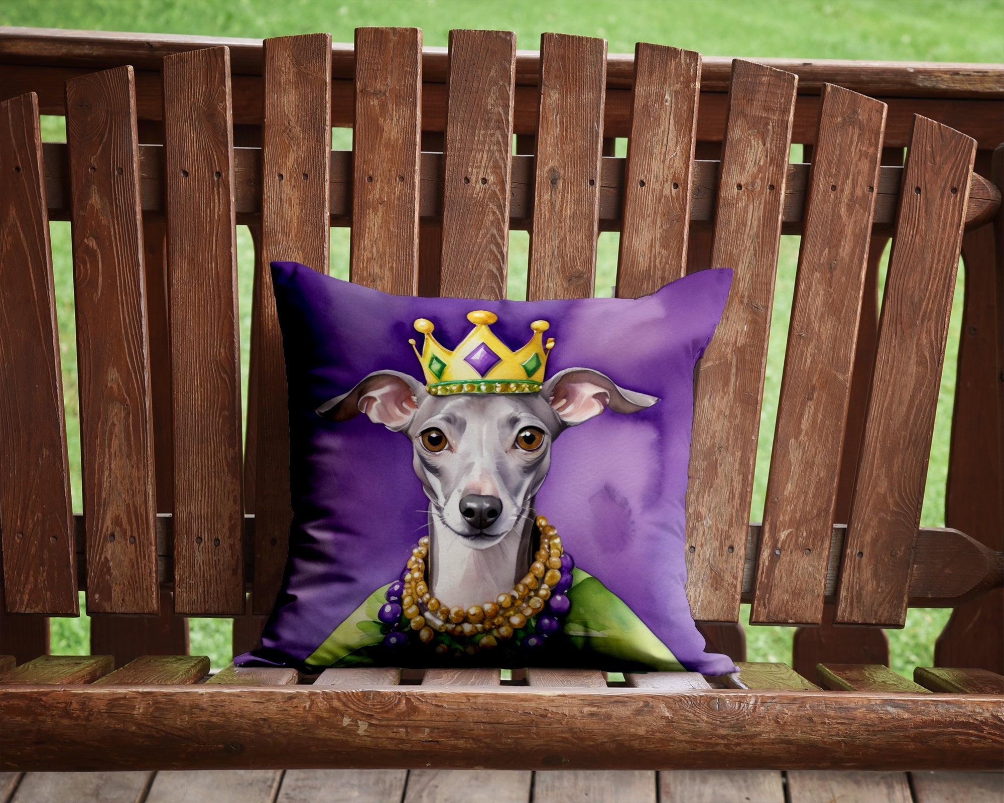 Italian Greyhound King of Mardi Gras Decorative Throw Pillow 14x14 Indoor Outdoor Accent Cushion, Fabric Cover with Insert for Sofa, Bed, Porch & Living Room