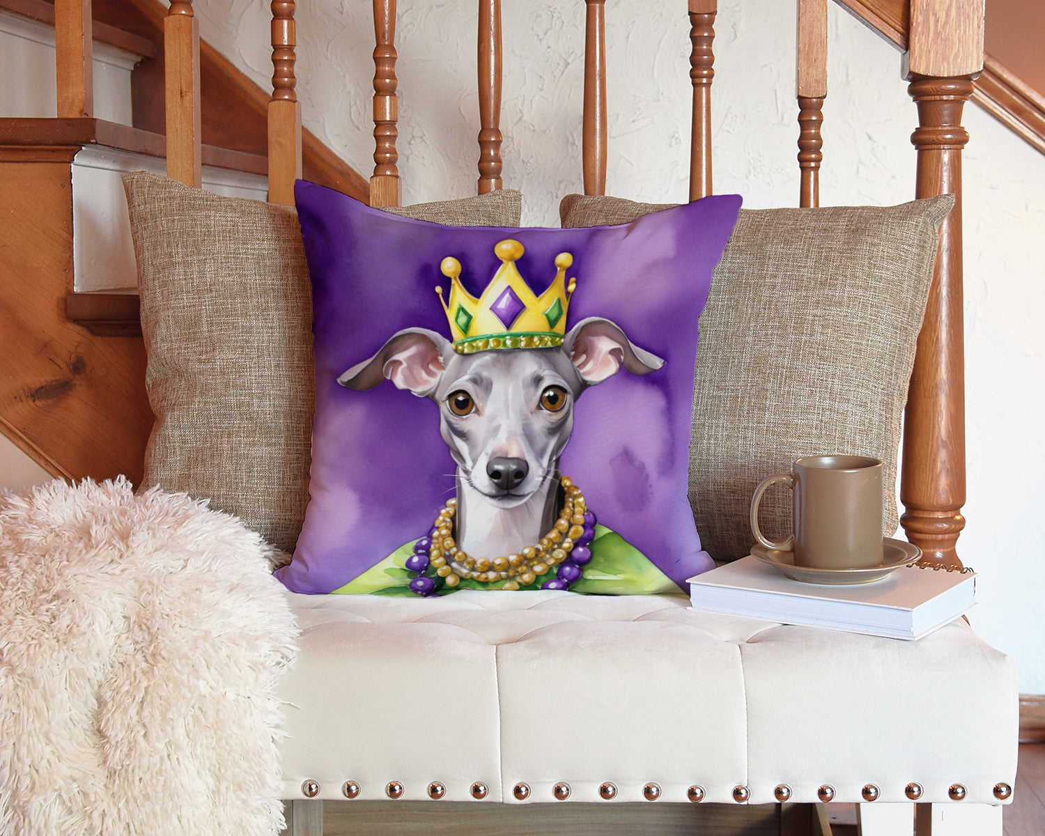 Italian Greyhound King of Mardi Gras Decorative Throw Pillow 14x14 Indoor Outdoor Accent Cushion, Fabric Cover with Insert for Sofa, Bed, Porch & Living Room