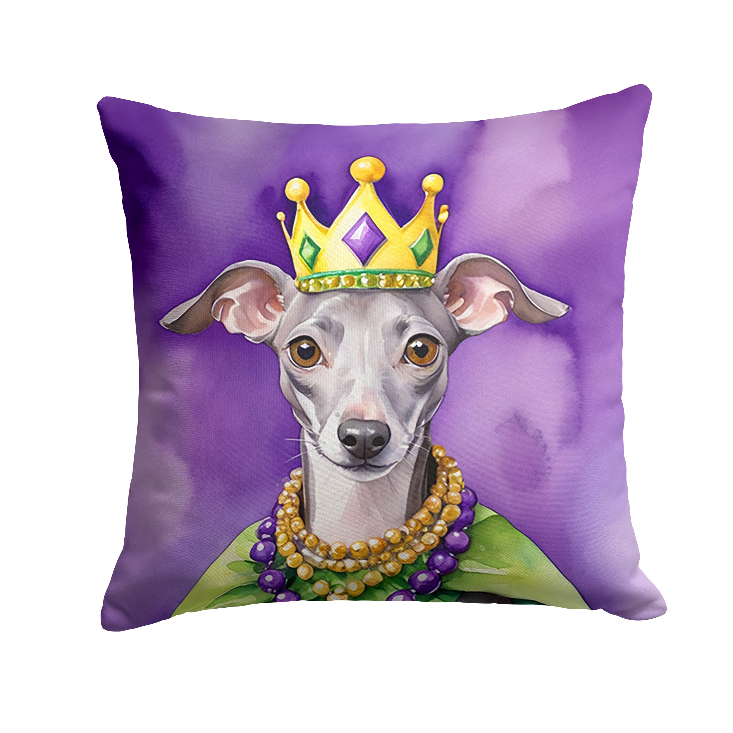Italian Greyhound King of Mardi Gras Decorative Throw Pillow 18x18 Indoor Outdoor Accent Cushion, Fabric Cover with Insert for Sofa, Bed, Porch & Living Room