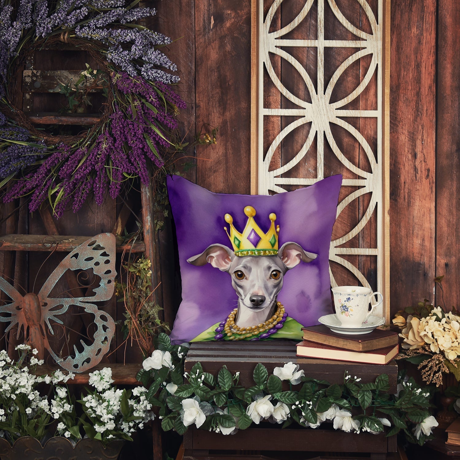 Italian Greyhound King of Mardi Gras Decorative Throw Pillow 18x18 Indoor Outdoor Accent Cushion, Fabric Cover with Insert for Sofa, Bed, Porch & Living Room
