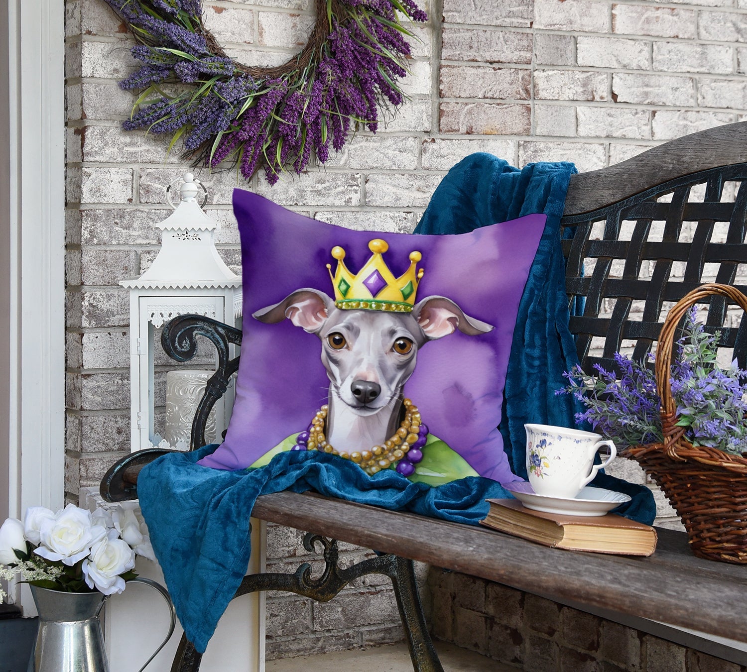 Italian Greyhound King of Mardi Gras Decorative Throw Pillow 18x18 Indoor Outdoor Accent Cushion, Fabric Cover with Insert for Sofa, Bed, Porch & Living Room