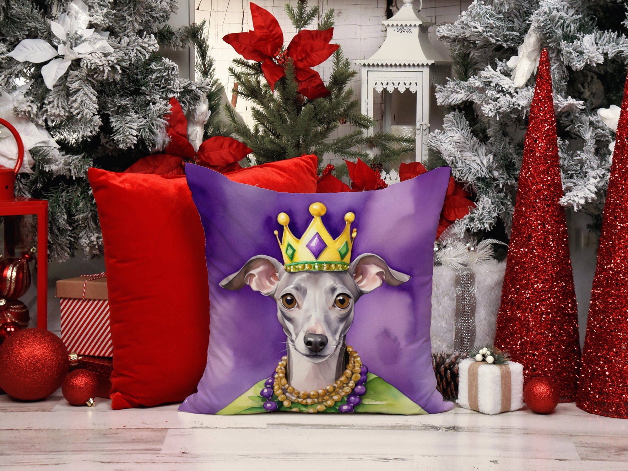 Italian Greyhound King of Mardi Gras Decorative Throw Pillow 18x18 Indoor Outdoor Accent Cushion, Fabric Cover with Insert for Sofa, Bed, Porch & Living Room