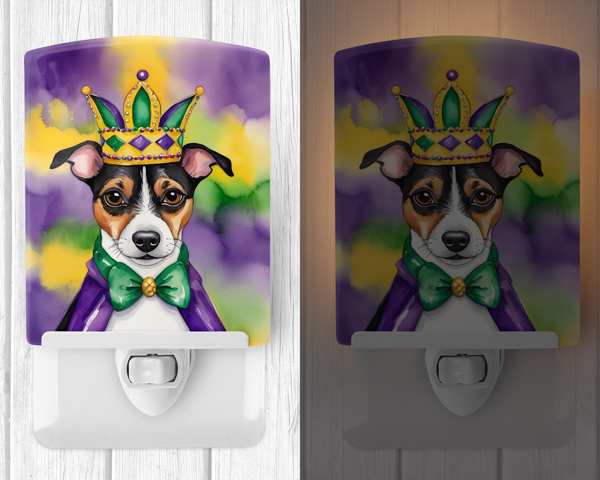 Jack Russell Terrier King of Mardi Gras Ceramic Night Light Compact, UL-Certified, Ideal for Bedroom, Bathroom, Nursery, Hallway, Kitchen, 6x4x3, Multicolor