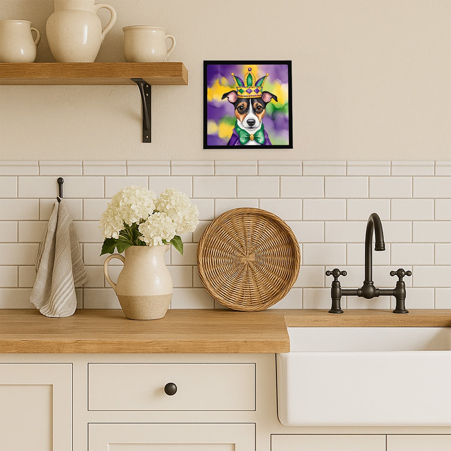 Jack Russell Terrier King of Mardi Gras Framed Metal Print Bathroom, Kitchen, Office, Home Decor Wall Art Ready to Hang, Square, 8X8
