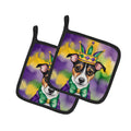 Jack Russell Terrier King of Mardi Gras Pot Holder Set of 2 Heat Resistant Quilted Hot Pads 7.5 x 7.5 Inch, Insulated Kitchen Trivets for Cooking & Baking