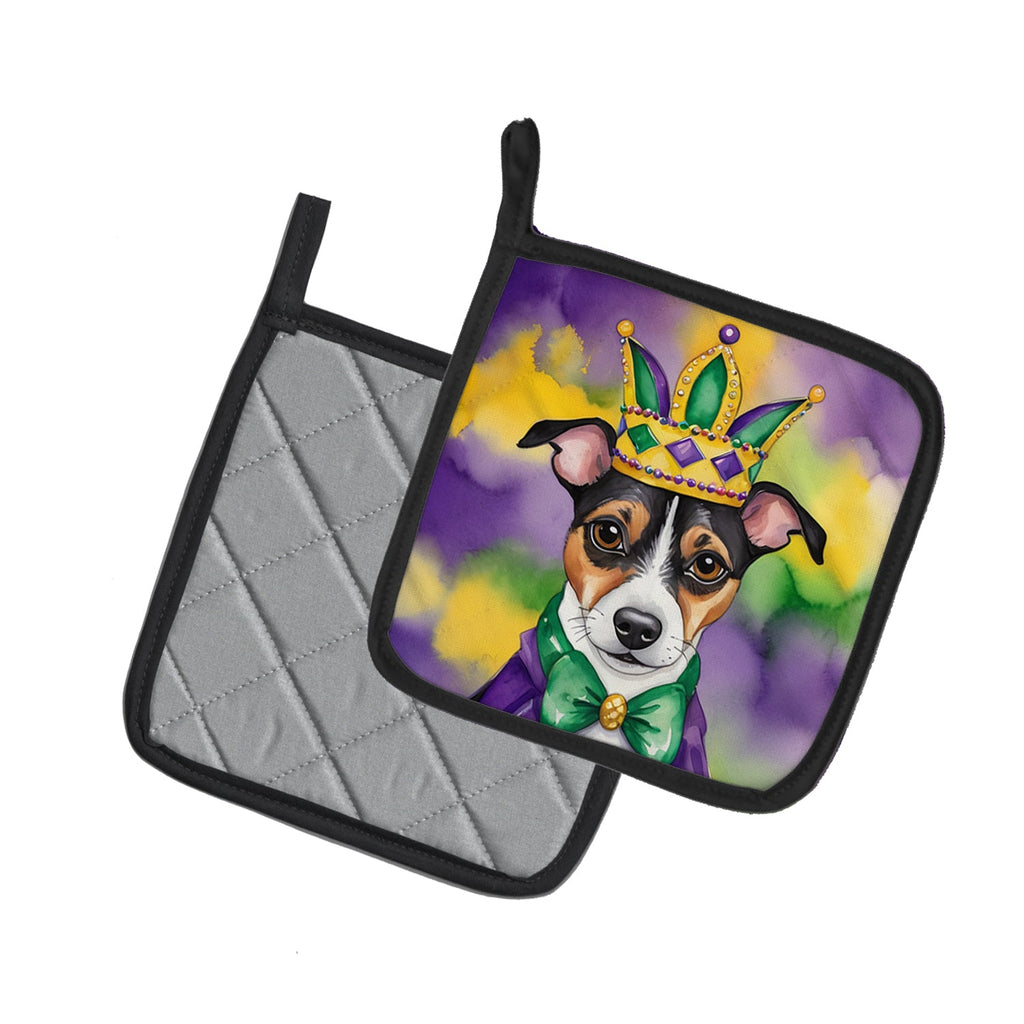 Jack Russell Terrier King of Mardi Gras Pot Holder Set of 2 Heat Resistant Quilted Hot Pads 7.5 x 7.5 Inch, Insulated Kitchen Trivets for Cooking & Baking